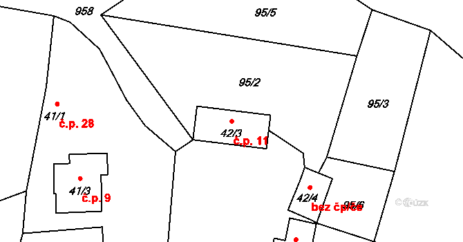 Záhoří u Miličína 11, Miličín na parcele st. 42/3 v KÚ Záhoří u Miličína, Katastrální mapa