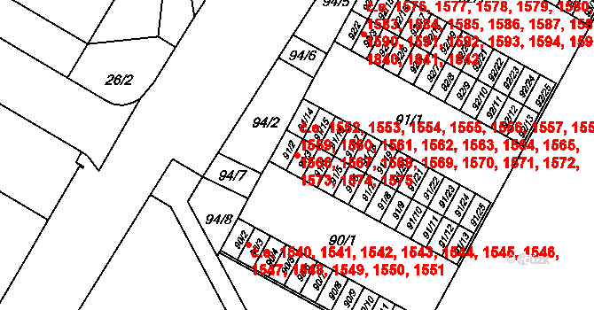 Lesná 1552,1553,1554,1555,, Brno na parcele st. 91/2 v KÚ Lesná, Katastrální mapa