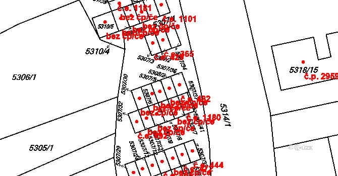 Brno 45615381 na parcele st. 5308/2 v KÚ Líšeň, Katastrální mapa