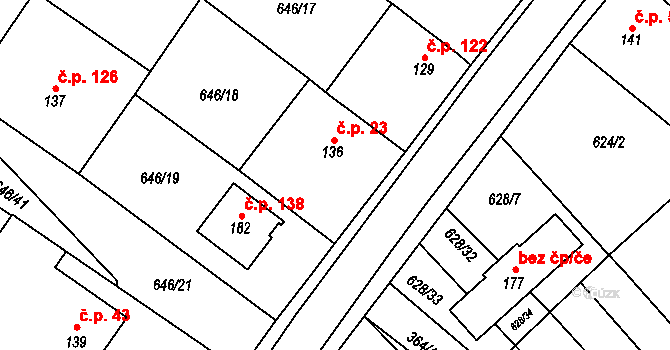 Tučapy 23 na parcele st. 136 v KÚ Tučapy, Katastrální mapa