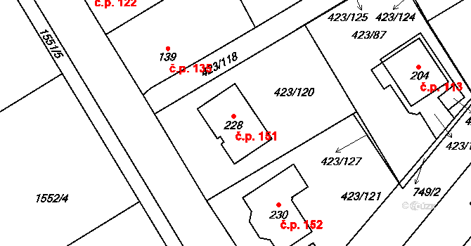 Břvany 151 na parcele st. 228 v KÚ Břvany, Katastrální mapa