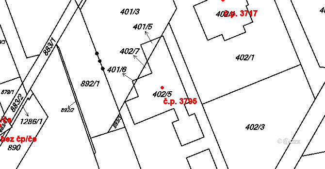 Znojmo 3795 na parcele st. 402/5 v KÚ Znojmo-Louka, Katastrální mapa