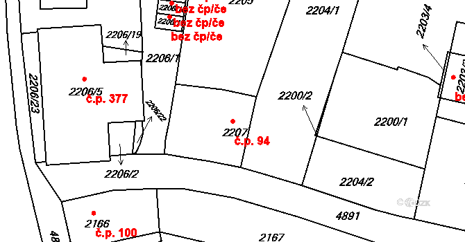 Choceňské Předměstí 94, Vysoké Mýto na parcele st. 2207 v KÚ Vysoké Mýto, Katastrální mapa