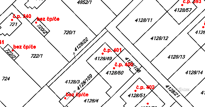 Choceňské Předměstí 401, Vysoké Mýto na parcele st. 4128/49 v KÚ Vysoké Mýto, Katastrální mapa
