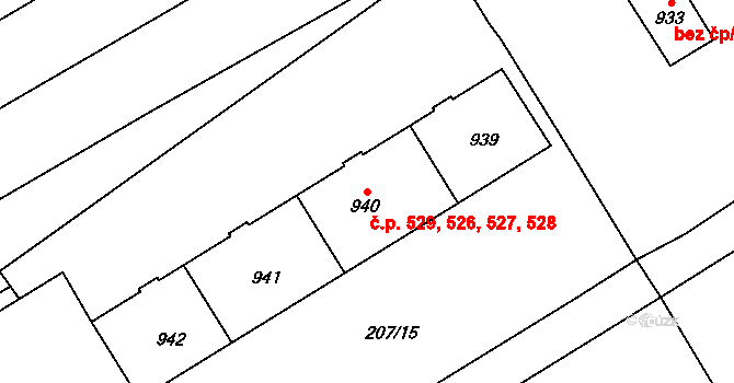Horní Bříza 526,527,528,529 na parcele st. 940 v KÚ Horní Bříza, Katastrální mapa