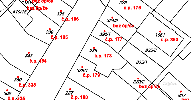 Kostelec nad Labem 178 na parcele st. 286 v KÚ Kostelec nad Labem, Katastrální mapa