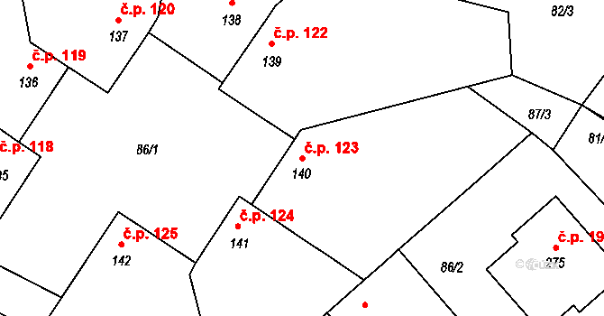 Ráby 123 na parcele st. 140 v KÚ Ráby, Katastrální mapa