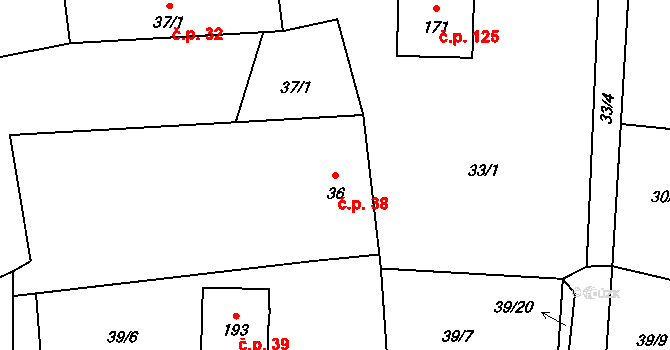 Hracholusky 38 na parcele st. 36 v KÚ Hracholusky u Prachatic, Katastrální mapa
