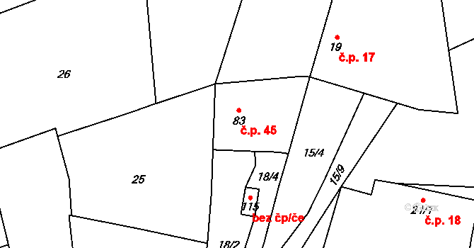 Těšovice 45 na parcele st. 83 v KÚ Těšovice u Prachatic, Katastrální mapa