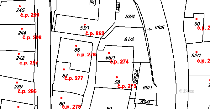 Kamenice nad Lipou 274 na parcele st. 55/1 v KÚ Kamenice nad Lipou, Katastrální mapa
