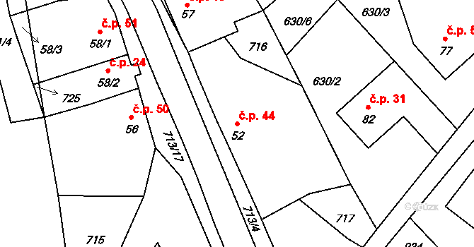 Olešenka 44 na parcele st. 52 v KÚ Olešenka, Katastrální mapa