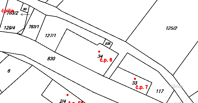 Mokré 6 na parcele st. 34 v KÚ Mokré, Katastrální mapa