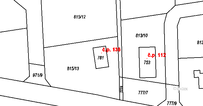 Halouny 136, Svinaře na parcele st. 781 v KÚ Svinaře, Katastrální mapa