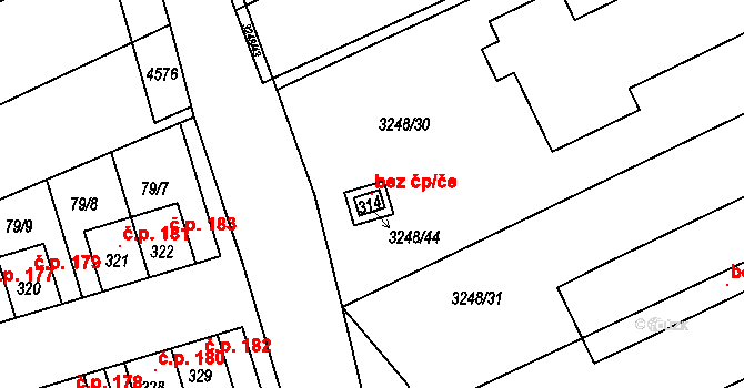 Kozlany 104591382 na parcele st. 314 v KÚ Kozlany u Vyškova, Katastrální mapa