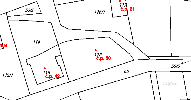 Lesov 20, Sadov na parcele st. 118 v KÚ Lesov, Katastrální mapa