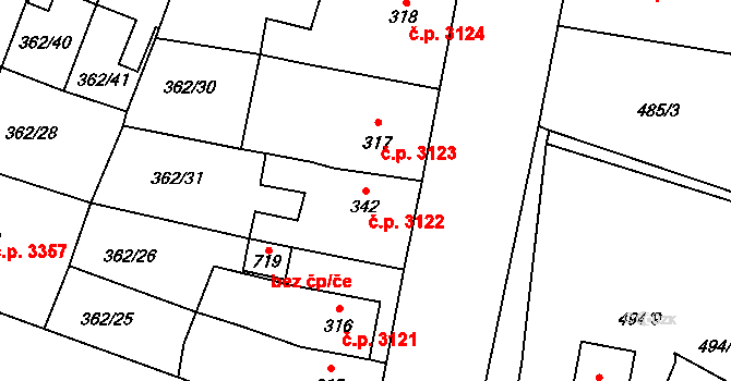 Jihlava 3122 na parcele st. 342 v KÚ Bedřichov u Jihlavy, Katastrální mapa