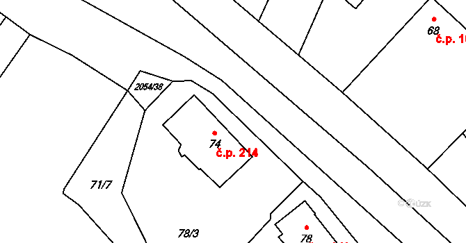 Verneřice 214 na parcele st. 74 v KÚ Verneřice, Katastrální mapa