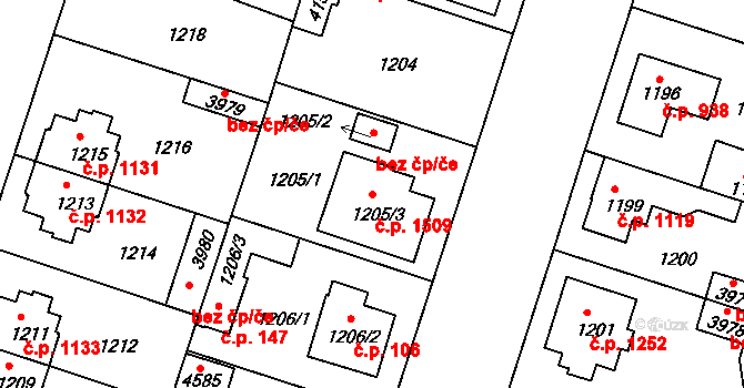 Čelákovice 1509 na parcele st. 1205/3 v KÚ Čelákovice, Katastrální mapa