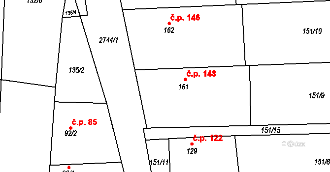 Hodice 148 na parcele st. 161 v KÚ Hodice, Katastrální mapa