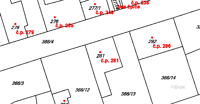 Veltruby 281 na parcele st. 281 v KÚ Veltruby, Katastrální mapa