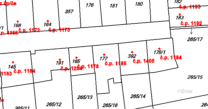 Švermov 1185, Kladno na parcele st. 177 v KÚ Hnidousy, Katastrální mapa