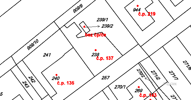 Praskačka 137 na parcele st. 238 v KÚ Praskačka, Katastrální mapa