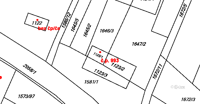 Třebechovice pod Orebem 993 na parcele st. 1123/3 v KÚ Třebechovice pod Orebem, Katastrální mapa