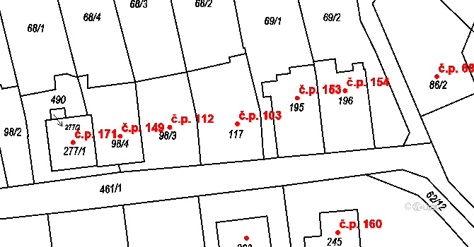 Kožušany 103, Kožušany-Tážaly na parcele st. 117 v KÚ Kožušany, Katastrální mapa