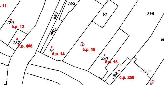Brozany nad Ohří 15 na parcele st. 20 v KÚ Brozany nad Ohří, Katastrální mapa