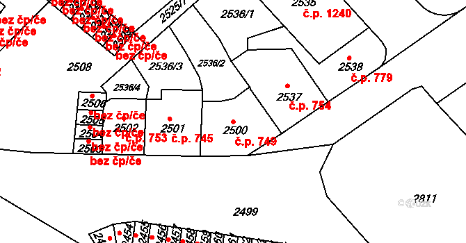 Střekov 749, Ústí nad Labem na parcele st. 2500 v KÚ Střekov, Katastrální mapa