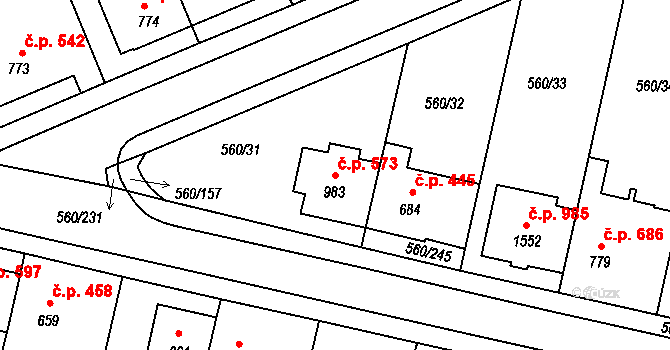 Podklášteří 573, Třebíč na parcele st. 983 v KÚ Podklášteří, Katastrální mapa