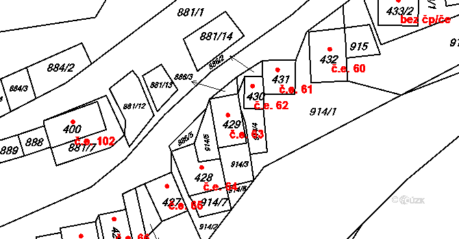 Chvalovice 63 na parcele st. 429 v KÚ Chvalovice, Katastrální mapa
