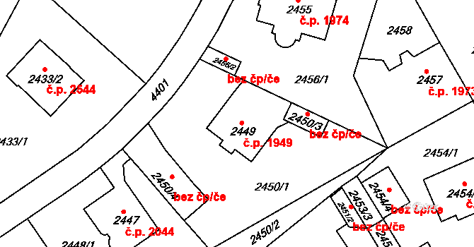 Teplice 1949 na parcele st. 2449 v KÚ Teplice, Katastrální mapa