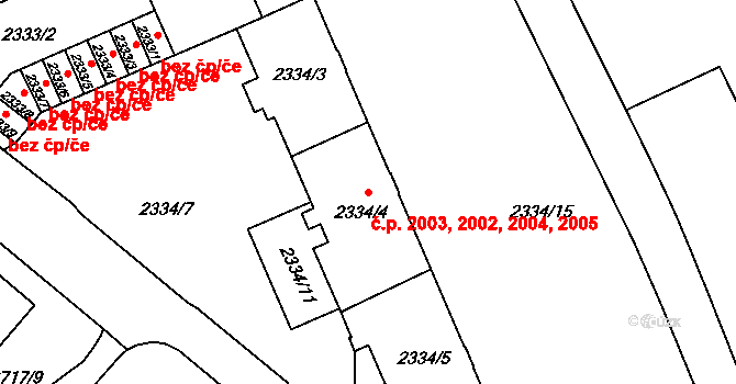 Východní Předměstí 2002,2003,2004,2005, Plzeň na parcele st. 2334/4 v KÚ Plzeň, Katastrální mapa