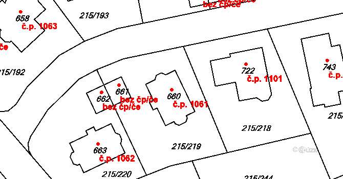 Rudná 1061 na parcele st. 660 v KÚ Hořelice, Katastrální mapa
