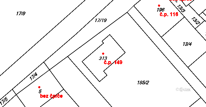 Trávník 149, Kroměříž na parcele st. 313 v KÚ Trávník, Katastrální mapa