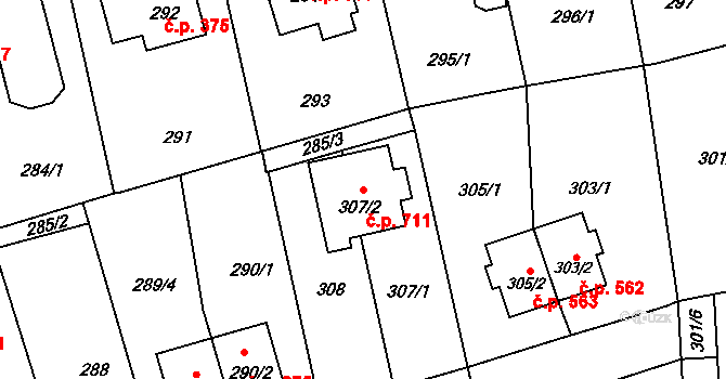 Průhonice 711 na parcele st. 307/2 v KÚ Průhonice, Katastrální mapa