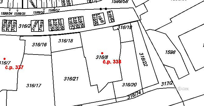 Radlice 338, Praha na parcele st. 316/8 v KÚ Radlice, Katastrální mapa