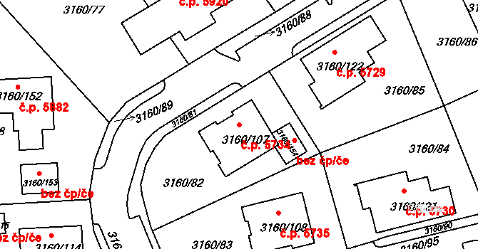Chomutov 5734 na parcele st. 3160/107 v KÚ Chomutov II, Katastrální mapa