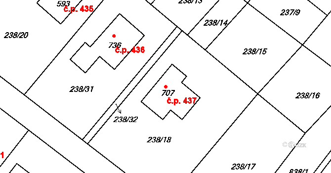 Lázně Toušeň 437 na parcele st. 707 v KÚ Lázně Toušeň, Katastrální mapa