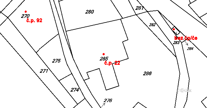 Domanín 22, Bystřice nad Pernštejnem na parcele st. 285 v KÚ Domanín u Bystřice nad Pernštejnem, Katastrální mapa