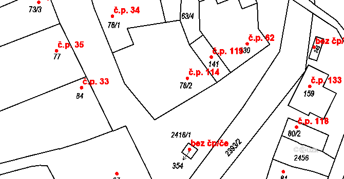 Vážany 114 na parcele st. 78/2 v KÚ Vážany u Vyškova, Katastrální mapa
