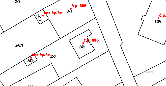 Buchlovice 695 na parcele st. 249 v KÚ Buchlovice, Katastrální mapa