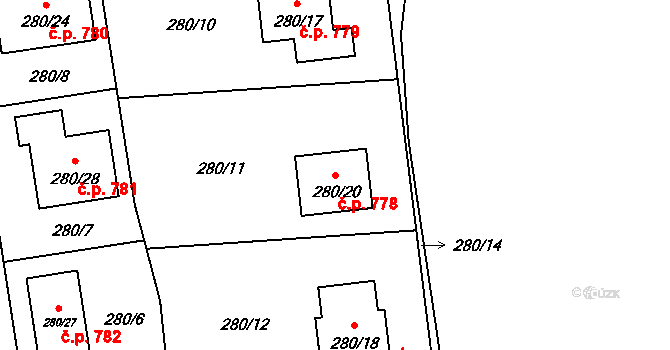 Líně 778 na parcele st. 280/20 v KÚ Líně, Katastrální mapa