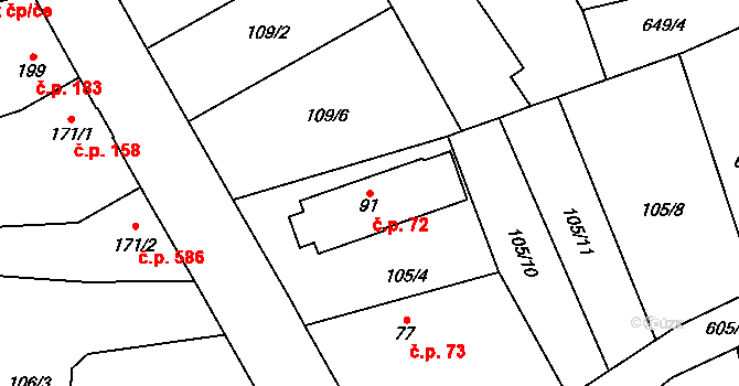 Rosice 72, Pardubice na parcele st. 91 v KÚ Rosice nad Labem, Katastrální mapa