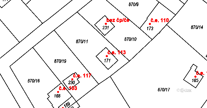 Stadice 185, Řehlovice na parcele st. 171 v KÚ Stadice, Katastrální mapa