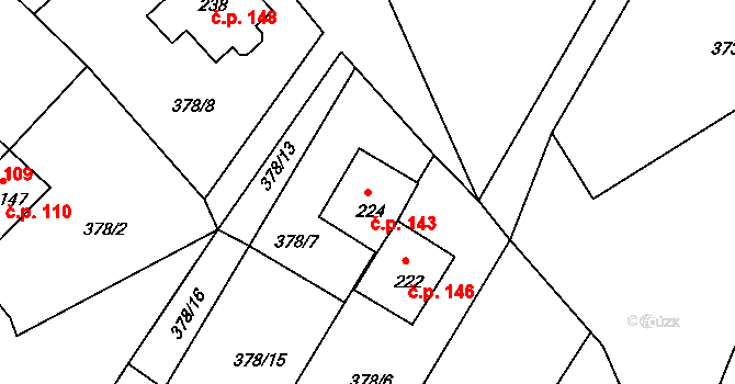 Merklín 143 na parcele st. 224 v KÚ Merklín u Karlových Var, Katastrální mapa