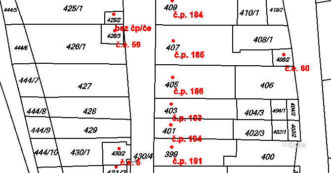 Syrovice 186 na parcele st. 405 v KÚ Syrovice, Katastrální mapa