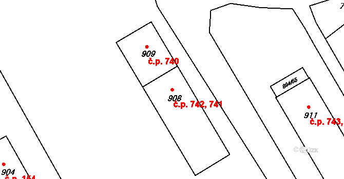 Ivanovice na Hané 741,742 na parcele st. 908 v KÚ Ivanovice na Hané, Katastrální mapa