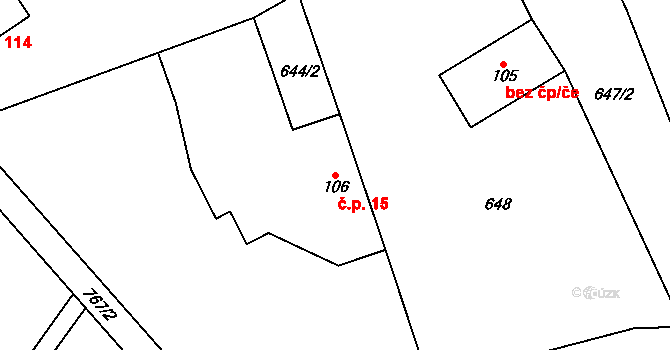 Radvánovice 15, Karlovice na parcele st. 106 v KÚ Karlovice, Katastrální mapa